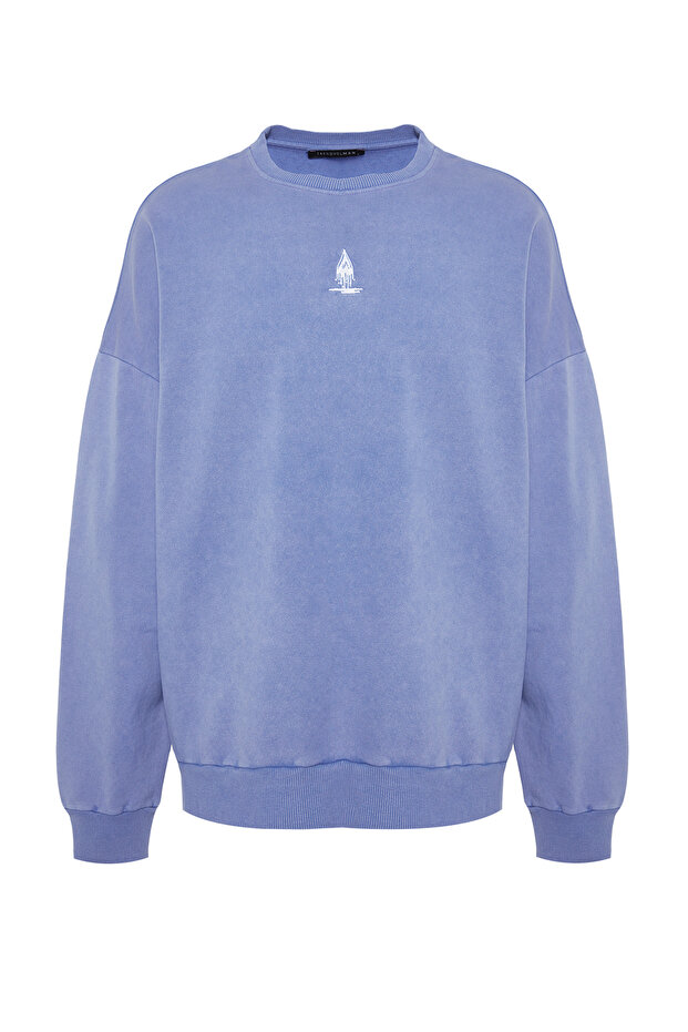 Lila Unisex Oversize/Geniş Kesim %100 Pamuk Eskitme/Soluk Efektli Mistik Sweatshirt TMNAW24SW00189 - 8