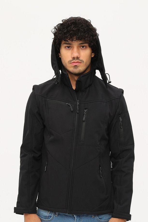 Taktikal Softshell Mont Kollar ve Kapşon Çıkabilir Erkek Siyah - 8