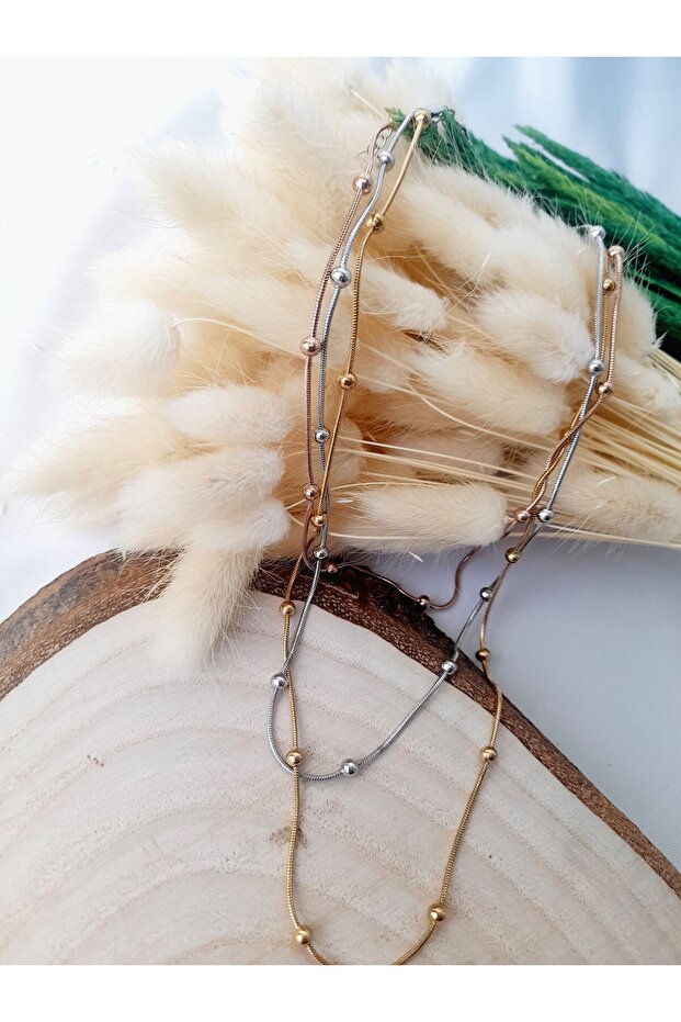 Rose-Silver-Gold Three-Color Three-Row Small Bulk Steel Necklace