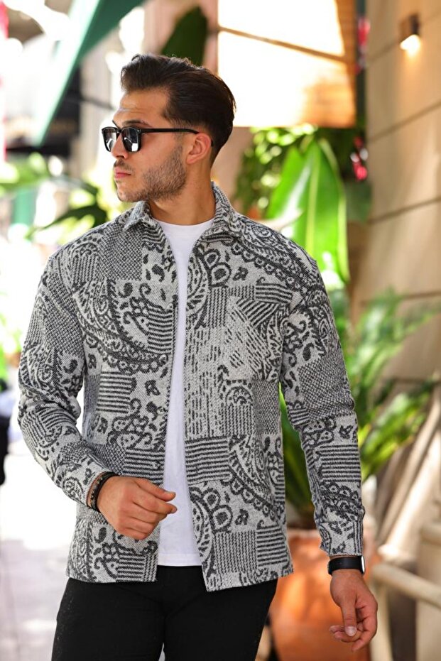 Gray Ethnic Pattern Men's Winter Shirt Jacquard Fabric Men's Shirt Lumberjack Shirt