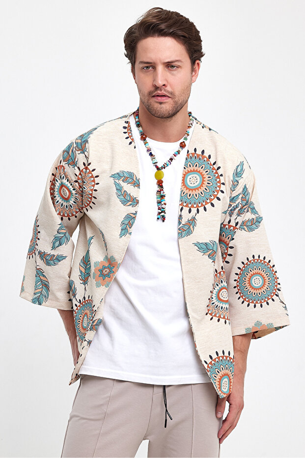 Bohemian Kimono Jacket 100% Linen Comfortable Cut Ethnic Patterned - 6