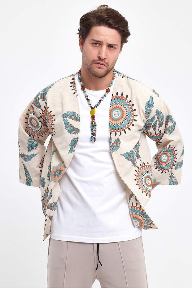 Bohemian Kimono Jacket 100% Linen Comfortable Cut Ethnic Patterned - 5