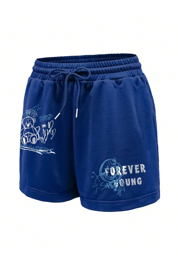 Coolane Cartoon & Letter Graphic Drawstring Waist Şort - 3