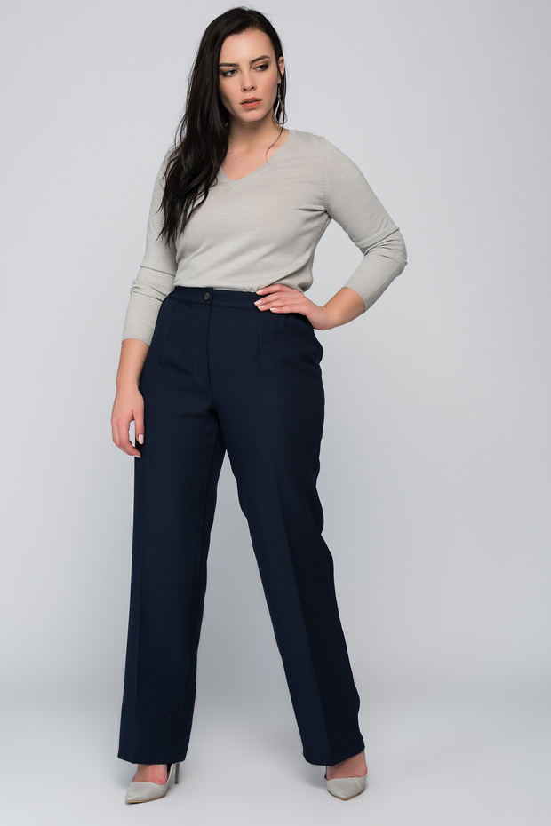 Women's Large Size Navy Blue Waist Side Elasticated Classic Pants Without Pockets 65N36889