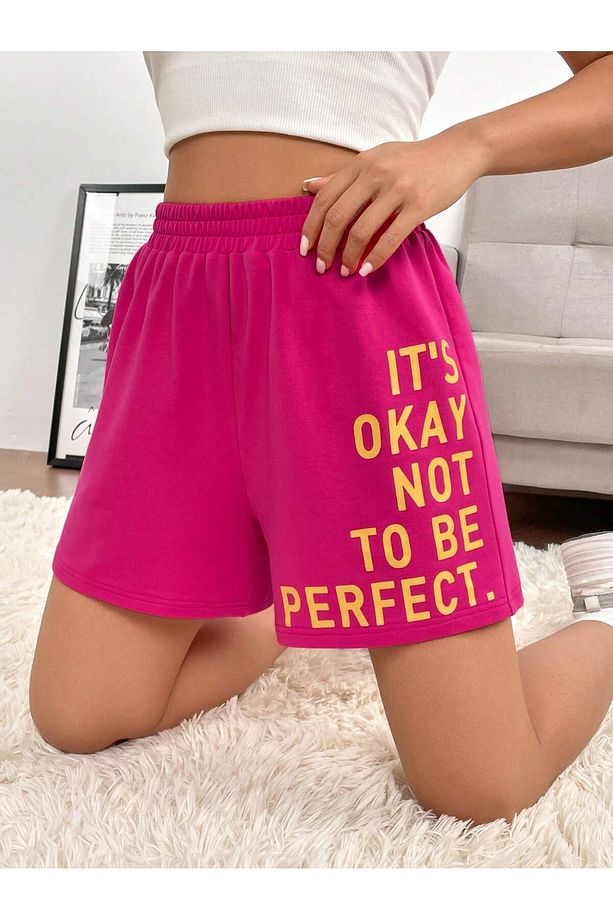 Slogan Graphic Elastic Waist Şort - 1