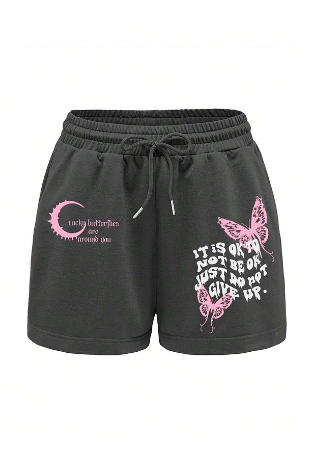 Slogan & Butterfly Print Tie Waist Şort - 1