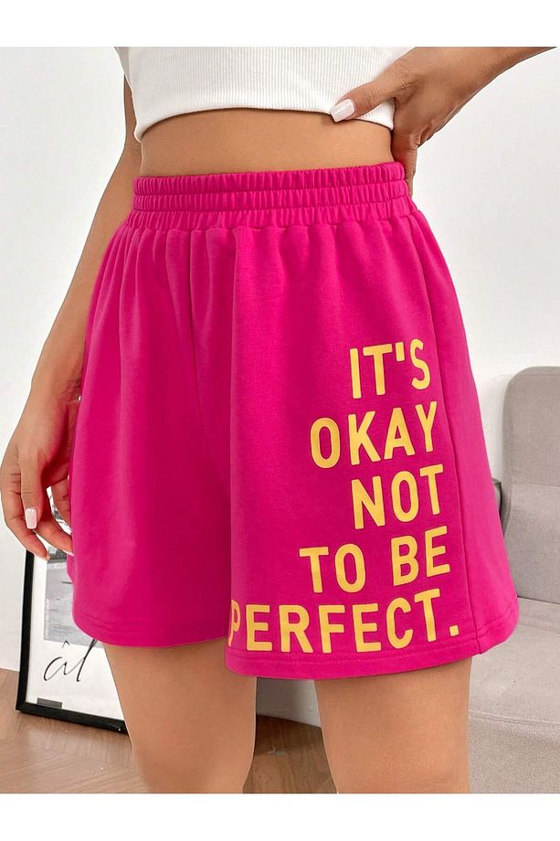 Slogan Graphic Elastic Waist Şort - 5