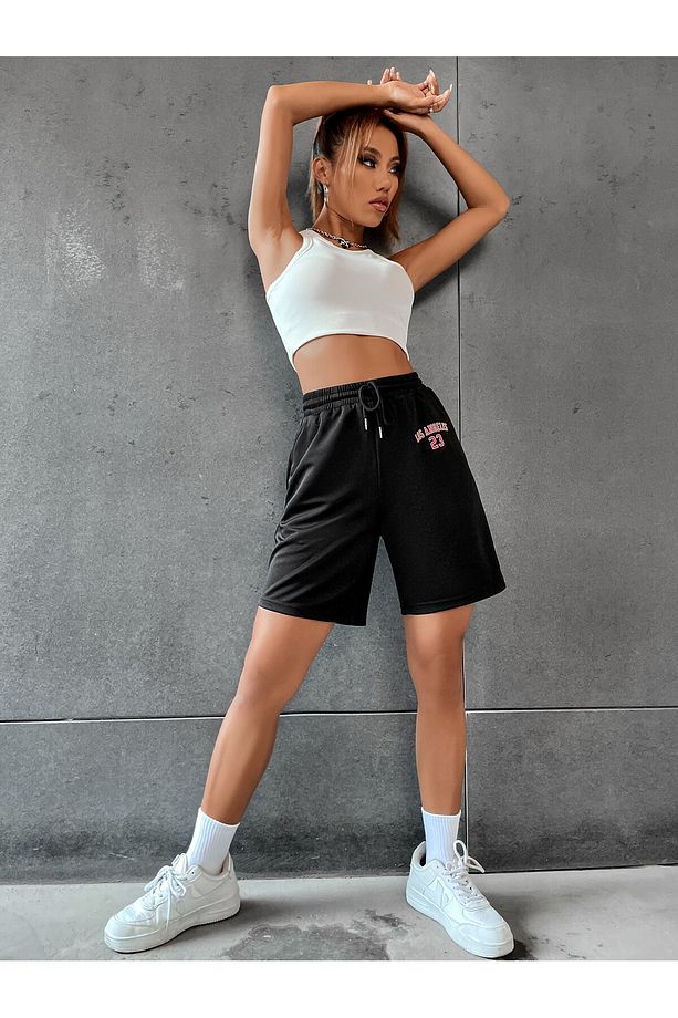 Letter Graphic Drawstring Waist Şort - 6