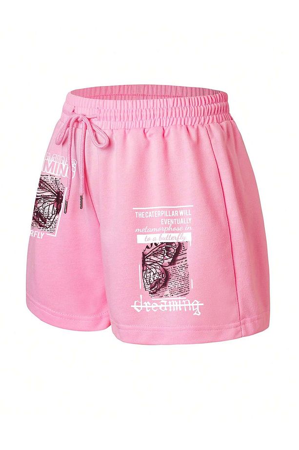 Butterfly & Slogan Graphic Drawstring Waist Track Şort - 3