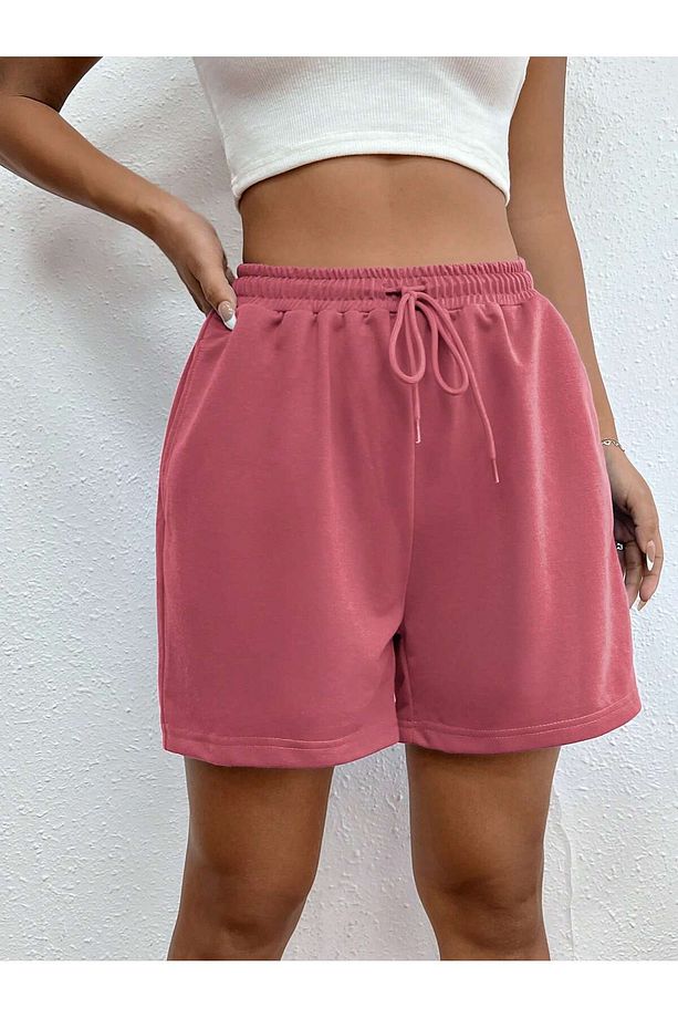 Drawstring Waist Slant Pocket Solid Track Şort - 5