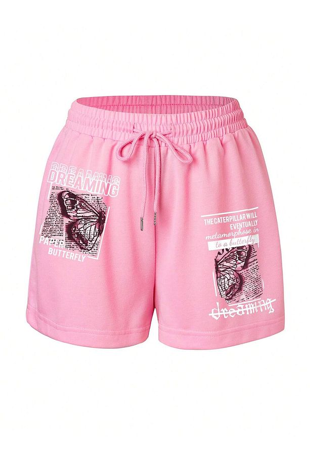 Butterfly & Slogan Graphic Drawstring Waist Track Şort - 1