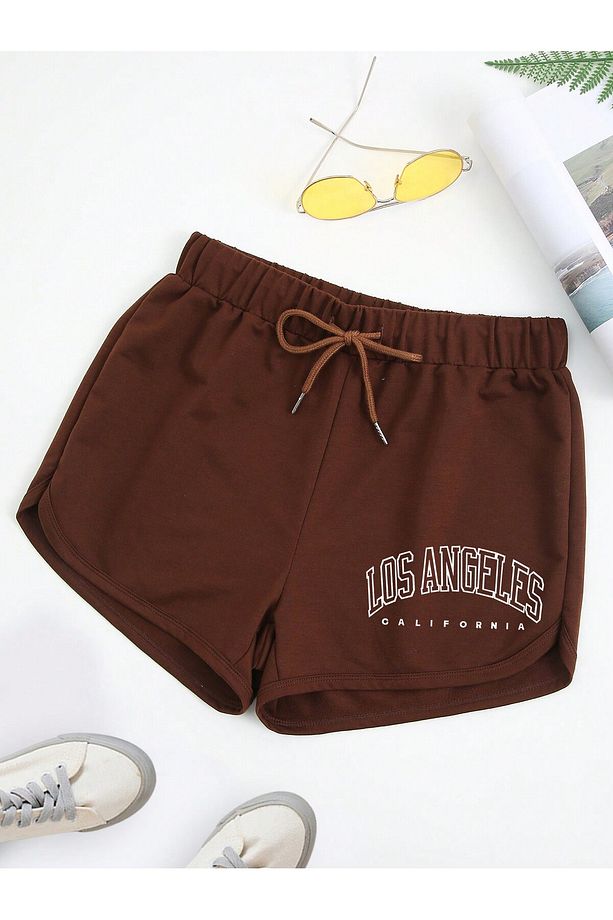Letter Graphic Drawstring Waist Track Şort - 1