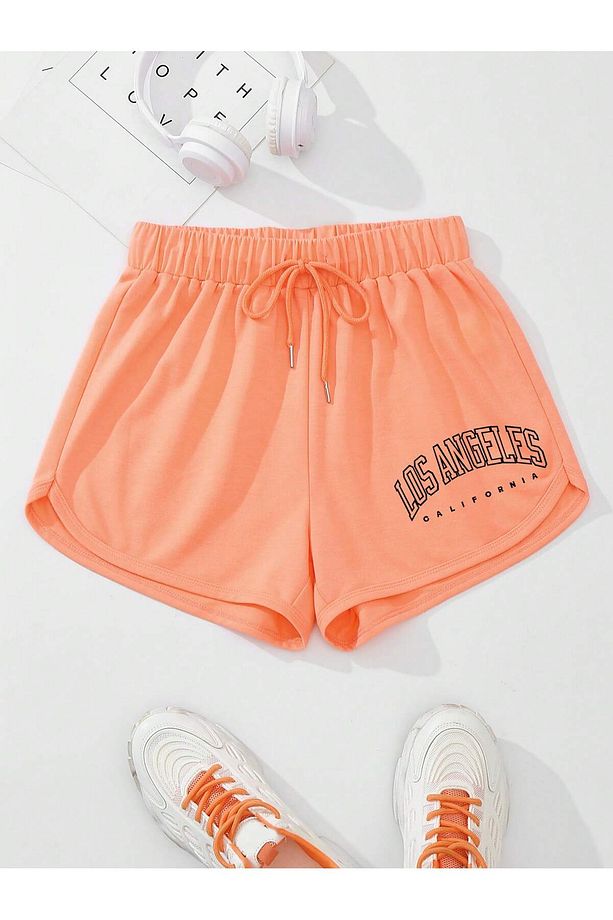 Letter Graphic Drawstring Waist Şort - 1
