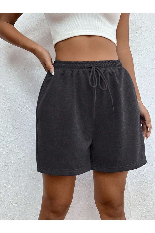 Drawstring Waist Slant Pocket Solid Track Şort - 4