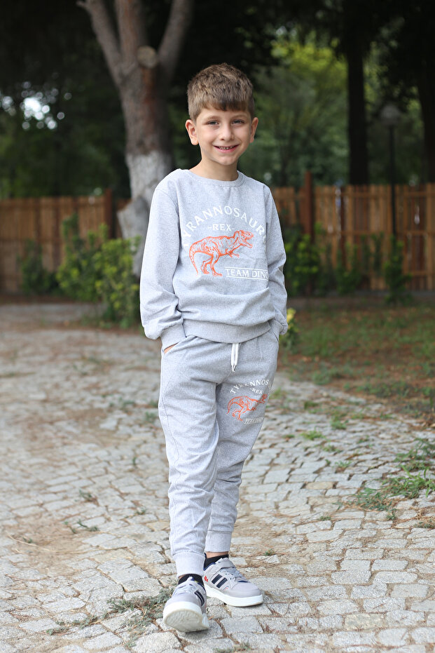 Tyrannosaurus printed 2 thread fabric pocket top and bottom boys tracksuit set for ages 7-14
