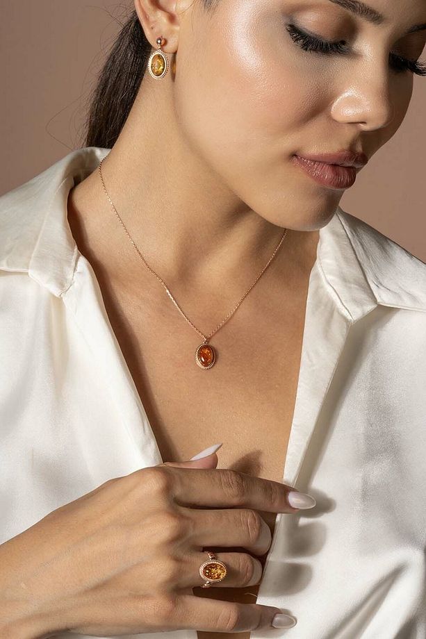 Damla Kehribar Taşlı Minimal Gümüş Takı Seti-rose Rengi - 3