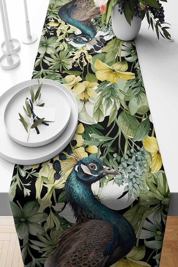 Runner Tavuskuşu ve Yaprak Desenli Süet Dokuma 140*40 Cm - 1