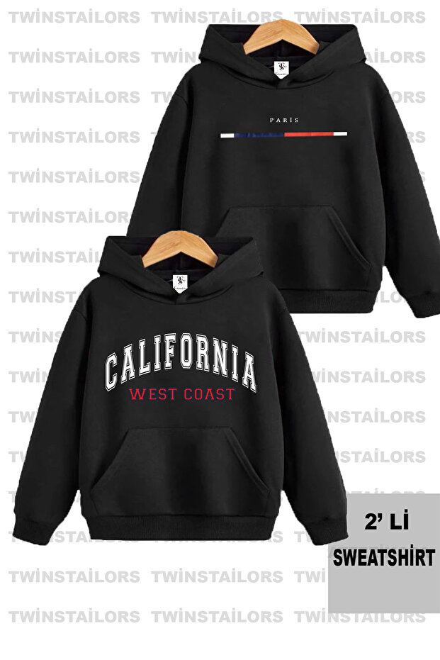 California Paris Printed Unisex Double Pack 2 Pieces Black Kids Hooded Sweatshirt Hoodie