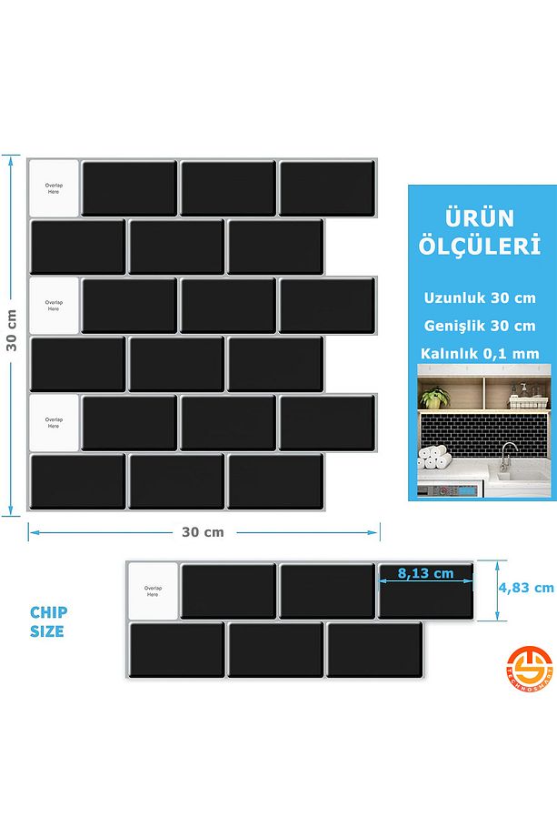 1adet 3d Kendinden Yapışkanlı 30cm×30cm Kaplama Seramk Görünüm Siyah Duvar Stickr Mutfak - 7