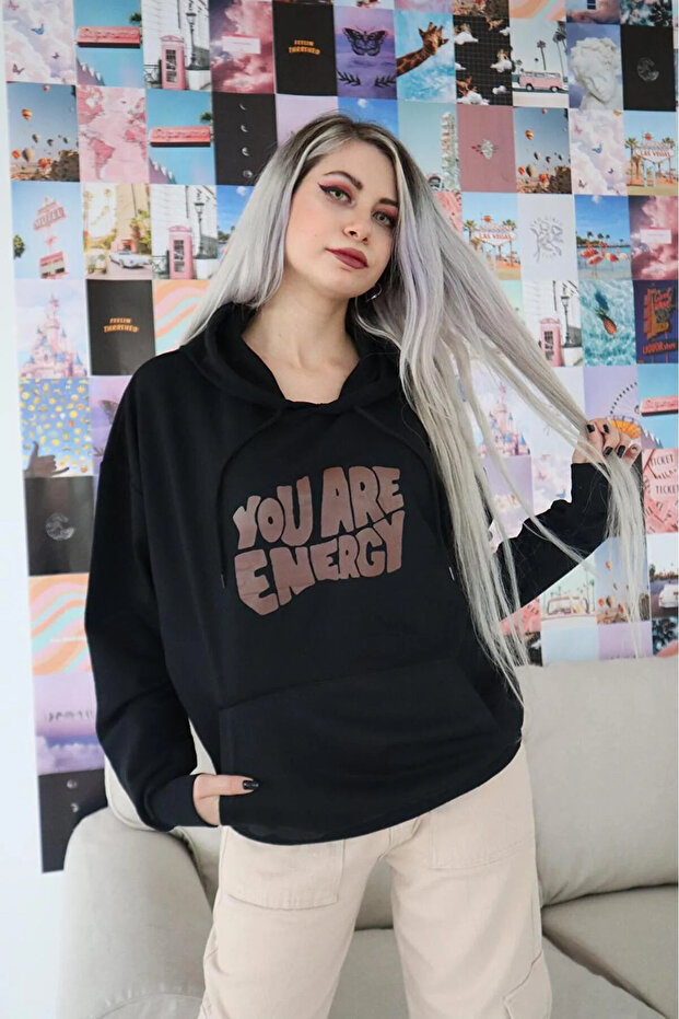 Y2K Harajuku You Are Energy Blackoversize Hooded Tech Aesthetic Sweatshirt