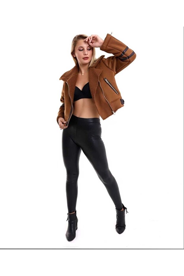 Fur Detail Suede Leather Brown Coat Women