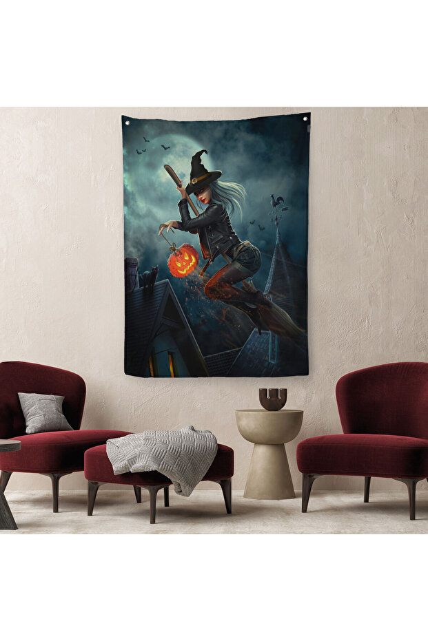 Flying Witch and Pumpkin with Broom Halloween Helloven Wall Cloth - Carpet -6175