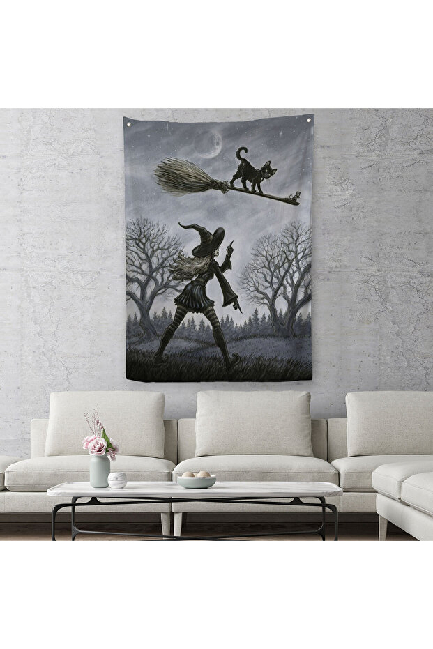 Black Cat Flying with Witch Broom Wall Cover-Craft, Witches Halloween-6353