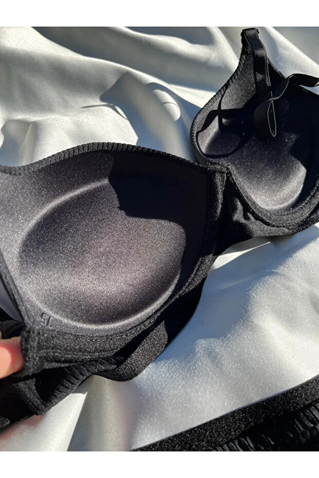 Basic Patterned Ribbed Supported Underwire Padded Stylish Bra Set Black - 3