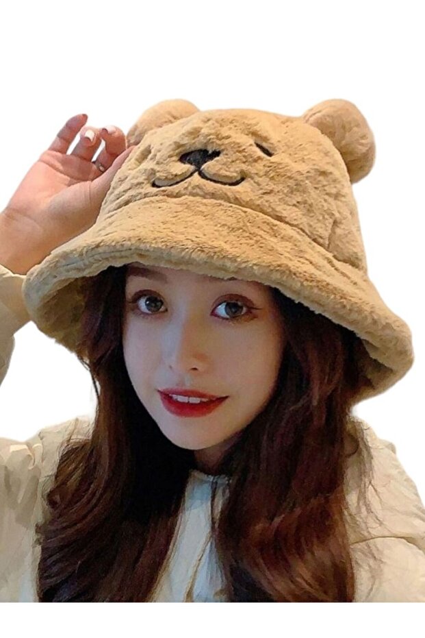 Women's Cute Bear Ear Plush Bucket Hat