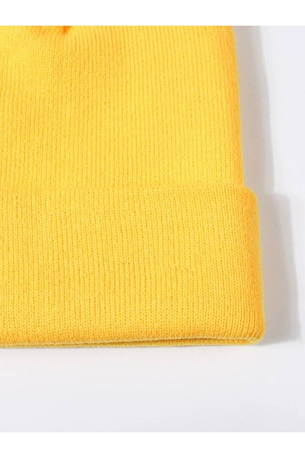 Sarı Unisex Katlamalı Triko Düz Bere - 3