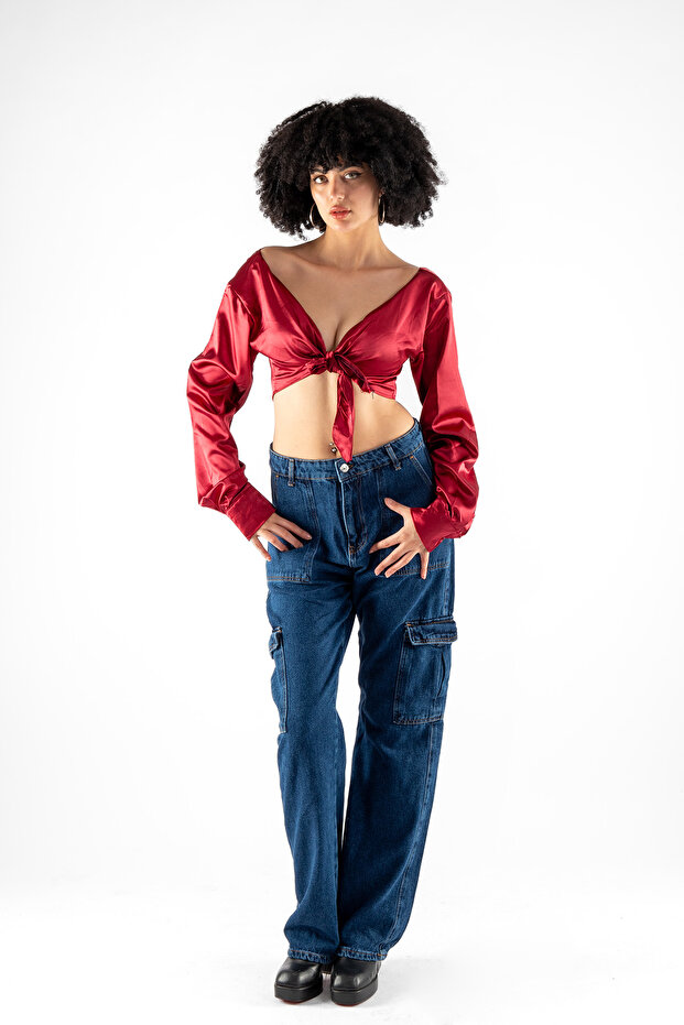 Bağlamalı Basic Bordo Saten Bluz - 5