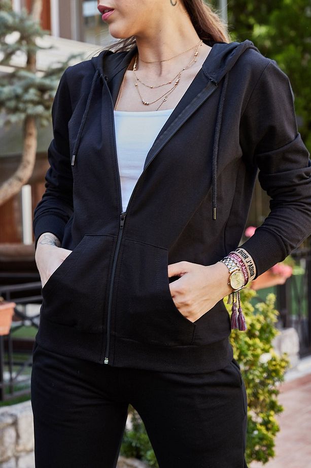 Kadın Siyah & Beyaz Fermuarlı Kapüşonlu Sweat 9YXK8-41471-02 - 3