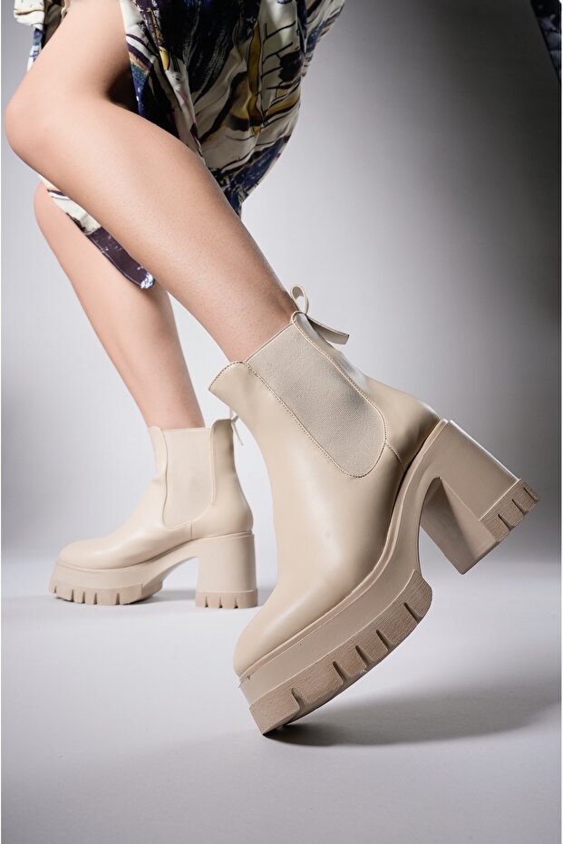Kadın Topuklu Bot Bej Cilt - 5