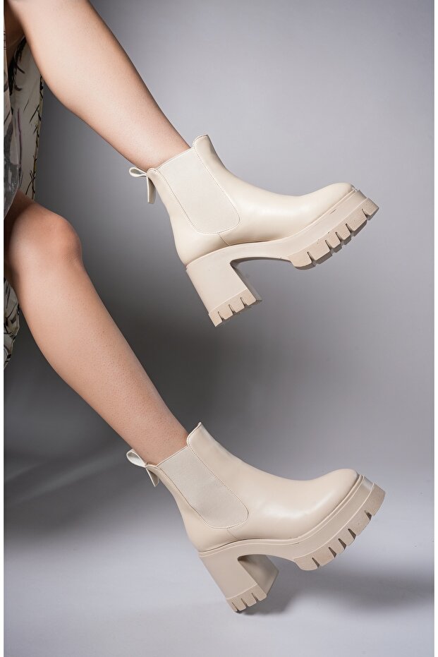 Kadın Topuklu Bot Bej Cilt - 2