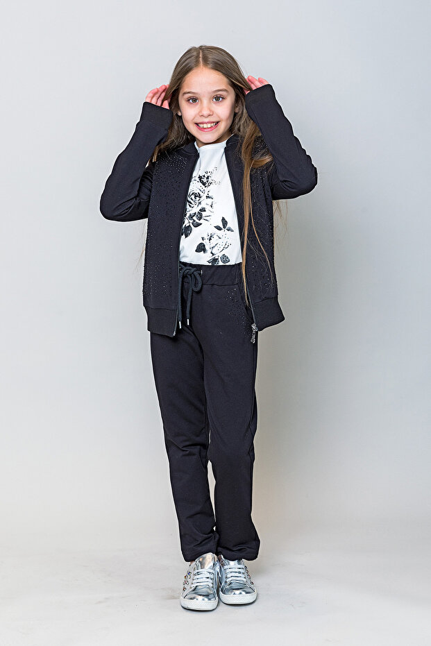Girl's Stone Detailed Stylish Tracksuit Set (2 pieces)