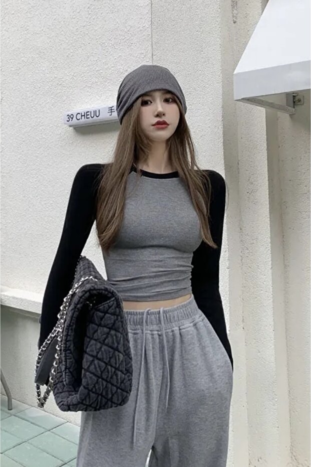 Siyah Raglan Kollu Gri Melanj Basic Crop Sweatshirt - 5