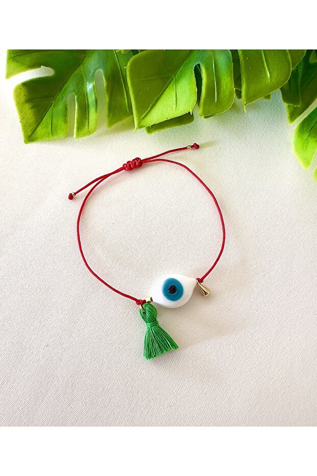 White Glass Eye Evil Eye Bead Green Tassel Red Bracelet