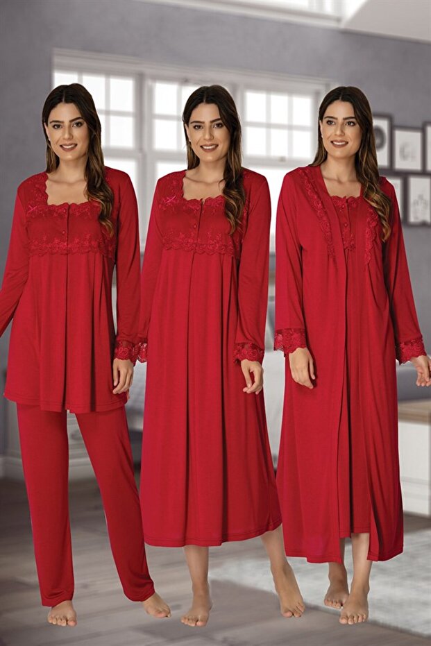 Women's Cherry Lace Long Sleeve Cotton Maternity Maternity Dressing Gown Pajamas Set Nightgown Set