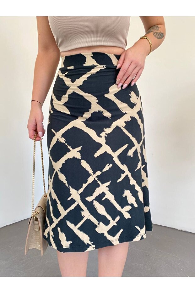 Women's Black Patterned Suede Midi Skirt with Elastic Waist