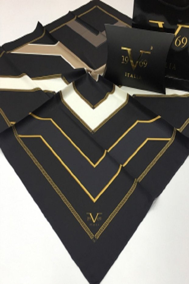 Black Cream Twill Scarf Geometric Pattern Gold Series with Scarf Hanger Gift Set 90x90 Cm