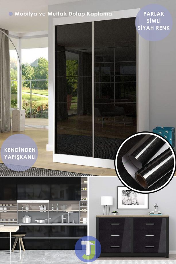 Kendinden Yapışkanlı Simli Siyah Mutfak Banyo Tezgah Duvar Dolap Masa Kaplama 60cmx100cm - 7