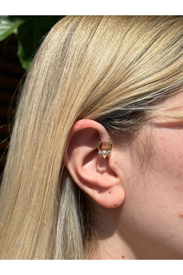 925 Ayar Gümüş Lotus Model Tek Damla Taşlı Halka Piercing 14 Ayar Altın Kaplama - 3