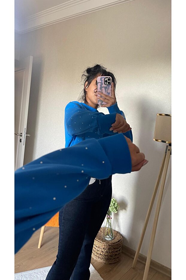 Sax Mavi Taş Baskılı Sweatshirt - 4