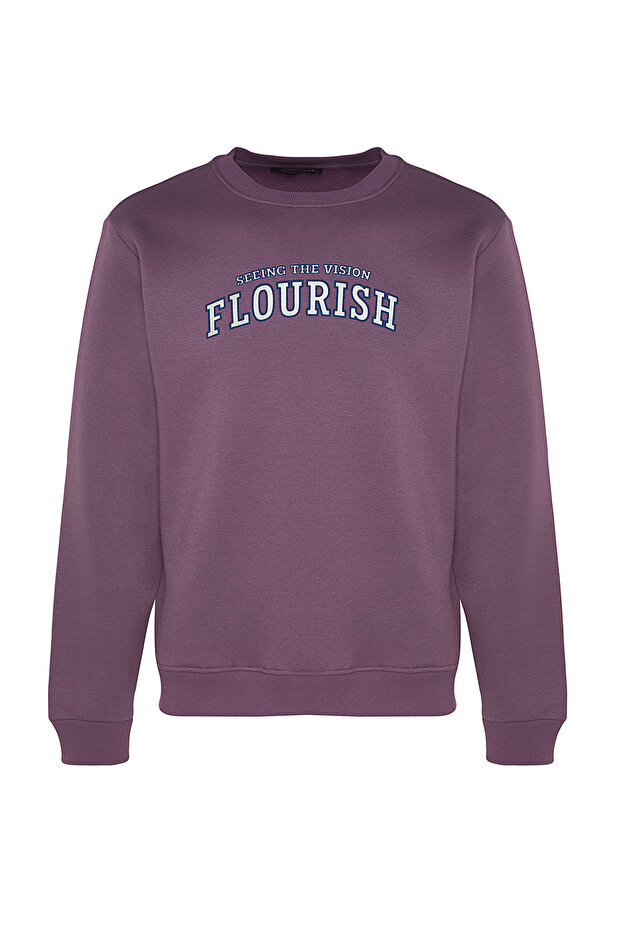 Lila Regular/Normal Kesim Yazı Baskılı İçi Polar/Sıcak Tutan Sweatshirt TMNAW24SW00188 - 6