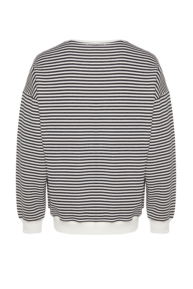 Siyah Oversize/Geniş Kesim Çizgili İçi Polar/Sıcak Tutan Sweatshirt TMNAW24SW00065 - 8