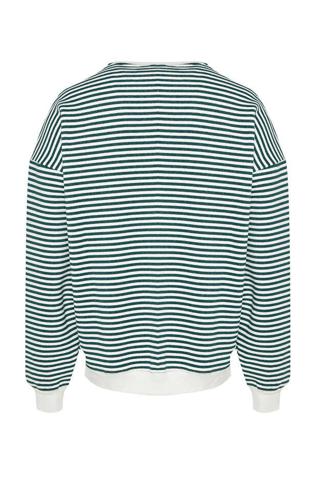 Yeşil Oversize/Geniş Kesim Çizgili İçi Polar/Sıcak Tutan Sweatshirt TMNAW24SW00065 - 7