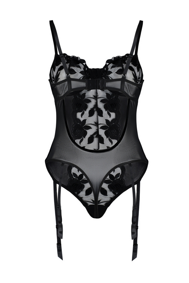 Siyah Brode Dantelli Jartiyerli İp Askılı Örme Body THMAW24BD00002 - 8