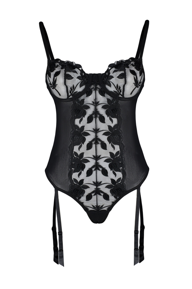 Siyah Brode Dantelli Jartiyerli İp Askılı Örme Body THMAW24BD00002 - 6