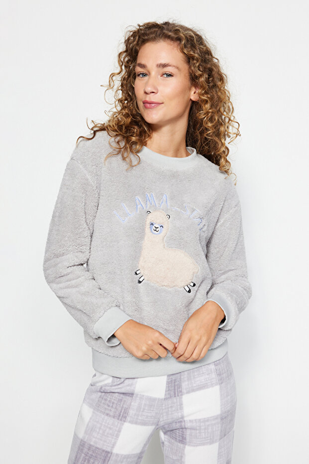 Gri Wellsoft Lama Desenli Kışlık Örme Pijama Takımı THMAW24PT00029 - 4