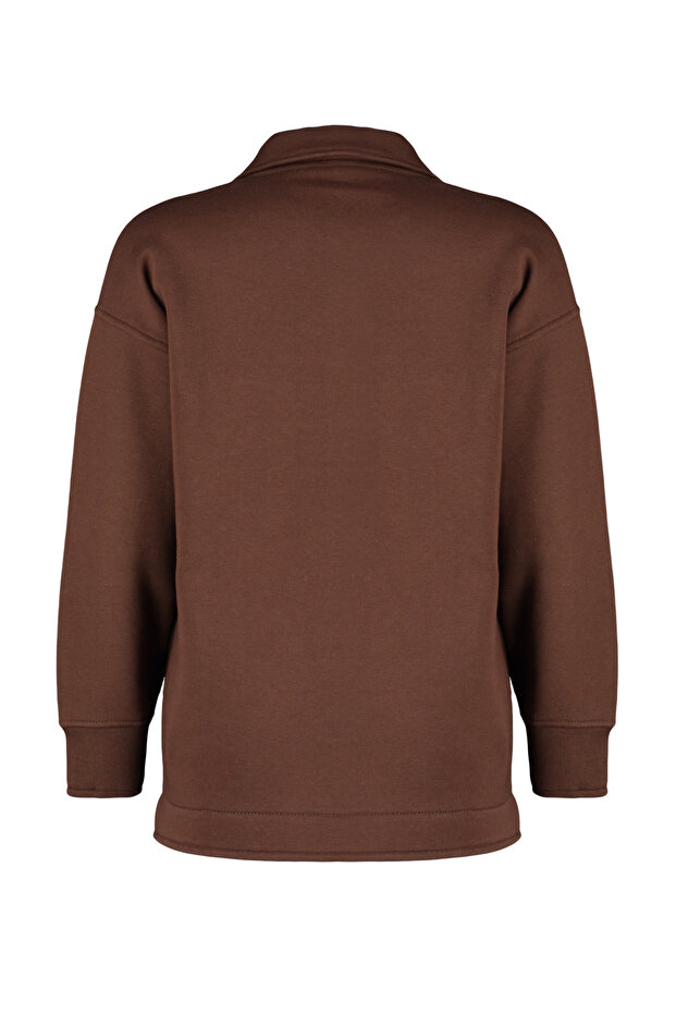 Kahverengi Oversize/Geniş Kalıp Cepli ve Düğmeli Polo Yaka İçi Polarlı Örme Ceket TWOAW24CE00000 - 8